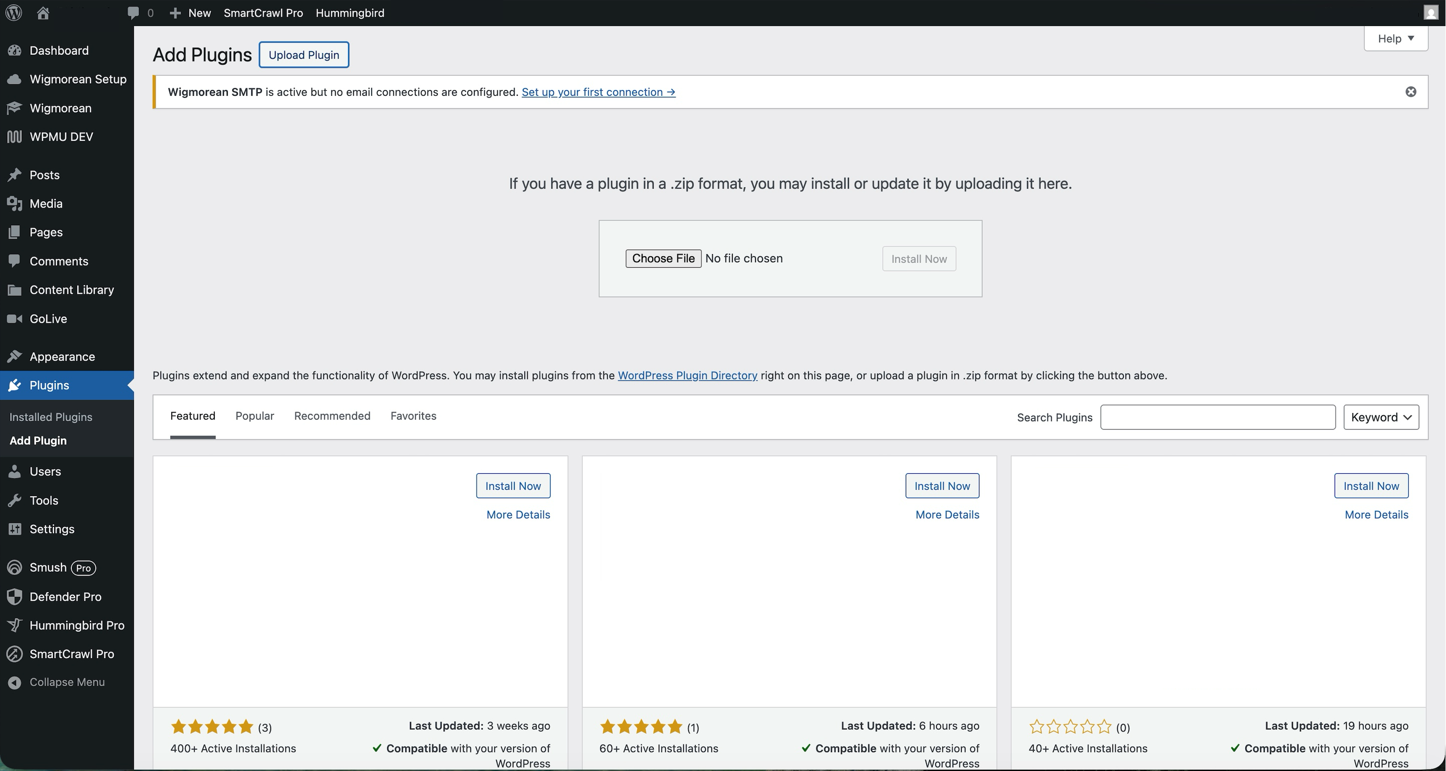Uploading Wigmorean Connect in the WordPress Plugins screen